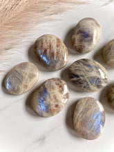 Load image into Gallery viewer, blue flash moonstone, flashy moonstone and sunstone palm stones, group